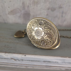Flower locket antique bronze with heart necklace love vintage style gift for a photo memory image 2