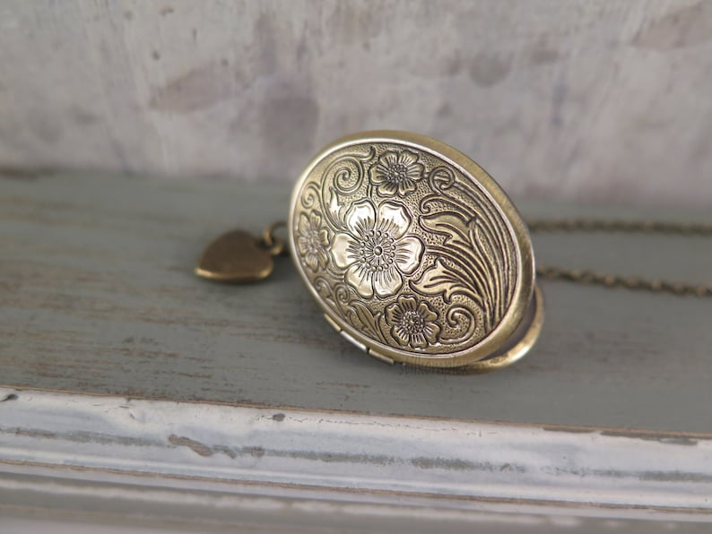 Flower locket antique bronze with heart necklace love vintage style gift for a photo memory image 2