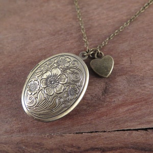 Flower locket antique bronze with heart necklace love vintage style gift for a photo memory image 3