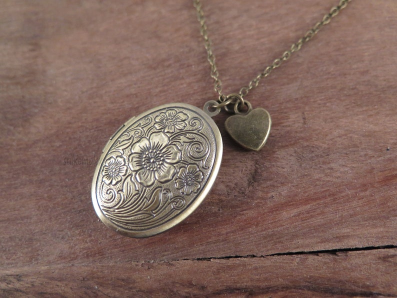 Flower locket antique bronze with heart necklace love vintage style gift for a photo memory image 3