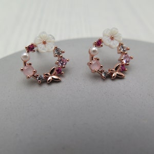 Stud earrings wreath flower butterfly rose gold pearl white rose gold plated glitter crystals pink wedding gift love spring noble rose image 7