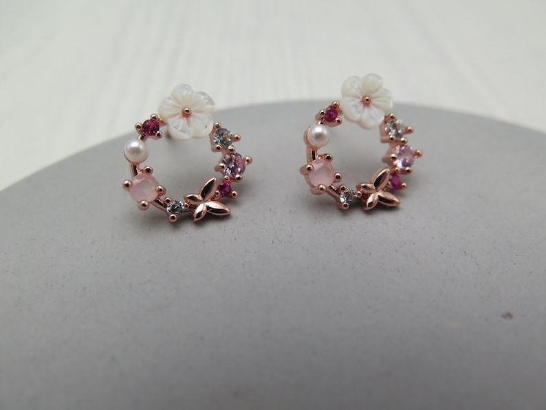 Stud earrings wreath flower butterfly rose gold pearl white rose gold plated glitter crystals pink wedding gift love spring noble rose image 7