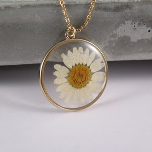 Echte feine Blütenkette flach Margeriten im Kreis vergoldeter Rahmen Kette Edelstahl gold Blume Halskette tolles Geschenk Herbst Schmuck Bild 7