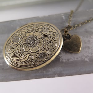 Flower locket antique bronze with heart necklace love vintage style gift for a photo memory image 6