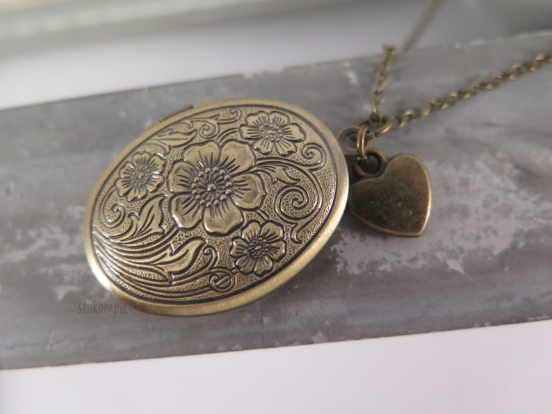 Flower locket antique bronze with heart necklace love vintage style gift for a photo memory image 6