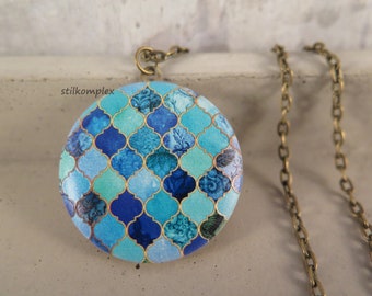 Medallion necklace - Orient - 3D pattern blue turquoise green gold bronze medallion necklace jewelry diamond love gift photo memory happiness