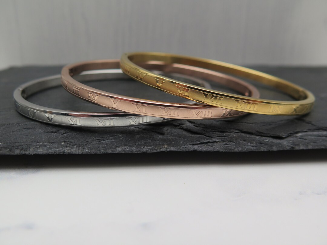 Lot De 3 Bracelets Jonc En Acier Inoxydable Argenté - Chiffres Romains, Style Torsadé Pour Femme - Neuf Sans Boîte