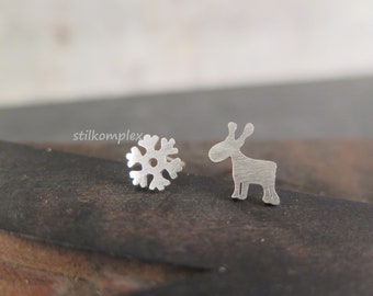 Ear studs - wonderful winter time - silver-plated snowflake moose gift Christmas Winter Advent Snow Love Jewelry Advent Calendar