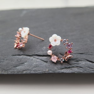 Stud earrings wreath flower butterfly rose gold pearl white rose gold plated glitter crystals pink wedding gift love spring noble rose image 6