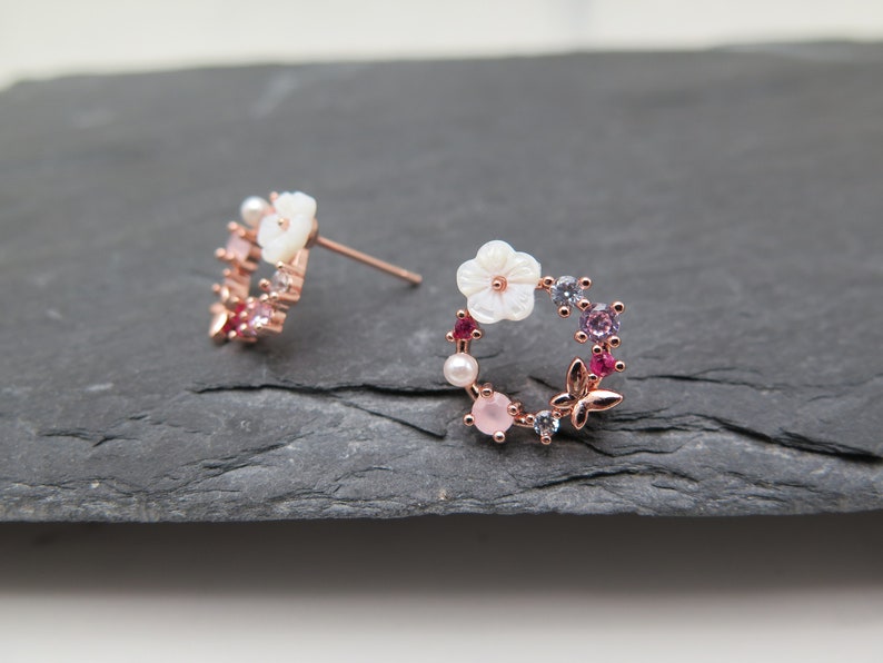 Stud earrings wreath flower butterfly rose gold pearl white rose gold plated glitter crystals pink wedding gift love spring noble rose image 6