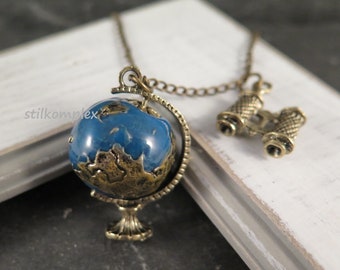 Necklace - globe with binoculars enamel - necklace bronze colored earth vacation continents travel wanderlust blue sea jewelry love gift world trip