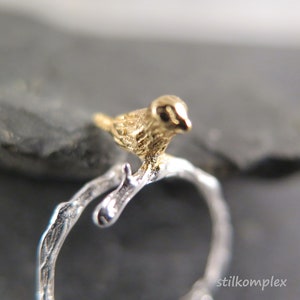 Ring - Astring with gold-plated bird - silver-plated adjustable Animal jewelry Jewelry Love Branch Tree Birds Natural jewelry Nature gold Trend Love
