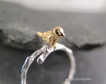 Ring - Astring mit vergoldetem Vogel - versilbert verstellbar Tierschmuck Schmuck Liebe Ast Baum Vögel Naturschmuck Natur gold Trend Liebe