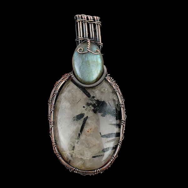 Vintage Natural Black Rutile Wire Wrapped Pendant, Gemstone Pendant, White Pendant, Copper Jewelry, Engagement Gift, Pendant For Mother