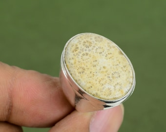 Ring met fossiele koraal: handgemaakte 925 sterlingzilveren boho-sieraden