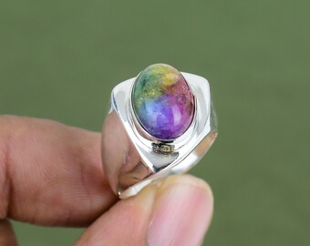 Anello in quarzo solare arcobaleno Druzy: fatto a mano in argento sterling 925