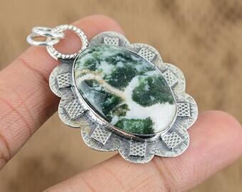 Art deco Pendant Pendant For Her 925 Sterling Silver Jewelry 100% Genuine Tree Agate Pendant Anniversary Gift Gemstone Pendant