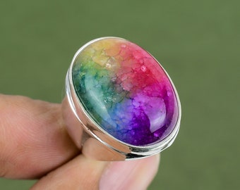 Anello con druse di quarzo solare arcobaleno: realizzato a mano in argento sterling 925