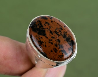Handgemaakte mahoniehouten obsidiaanring: 925 sterlingzilveren edelsteensieraden