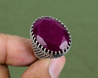 Gefacetteerde robijnring Kashmir: handgemaakt 925 sterlingzilver