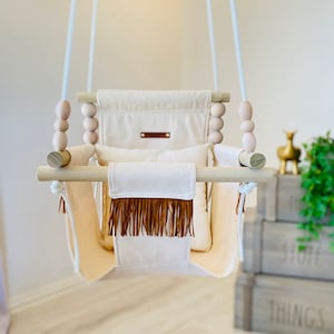 Made in USA, baby swing, Suede fringe, high back swing, nursery toy, nursery decor, indoor swing, toddler swing, porch swing, cloth swing