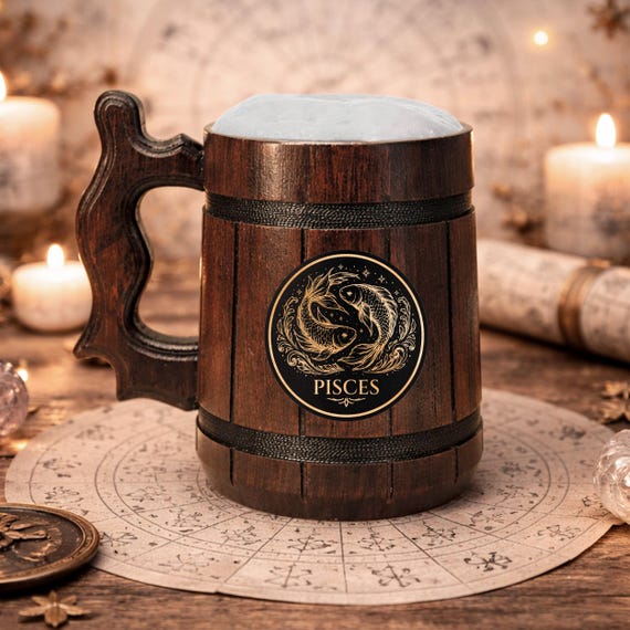 Personalized Zodiac Beer Mug, Handmade Oak Tankard with Steel Insert, 17oz Gift
