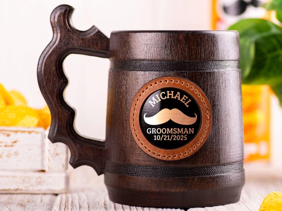Custom Wooden Groomsman Beer Stein, Personalized Wedding Keepsake