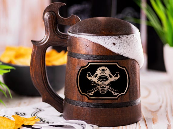 Wooden Beer Mug with Customized Engraving, Groomsman Beer Tankard, Personalized Christmas Gift for Dad, Wood Stein with Pirate Logo