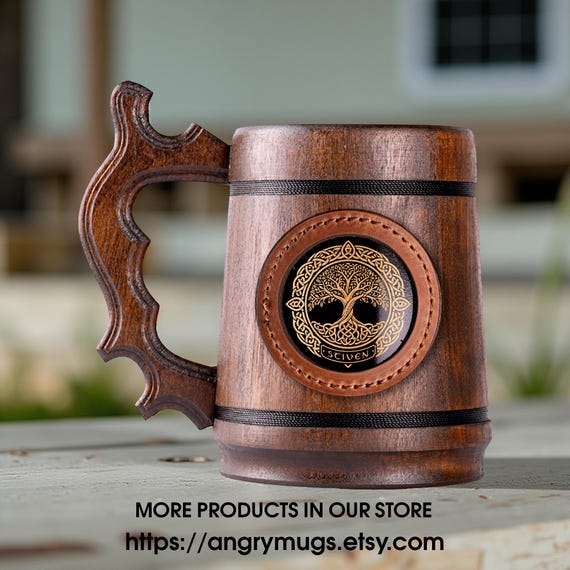 Celtic Tree of Life Wooden Beer Mug, Personalized Oak Stein 22oz, Handcrafted