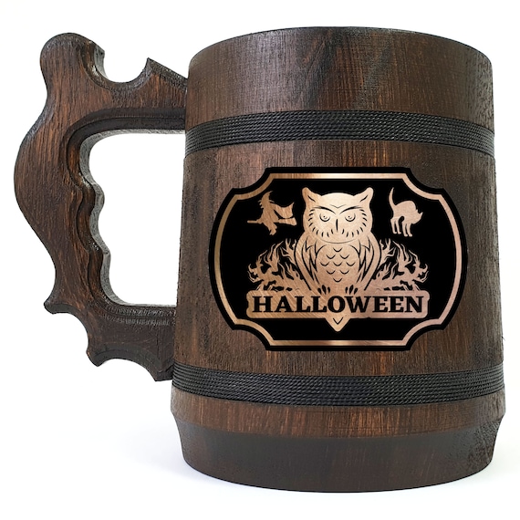 Halloween Owl Wooden Beer Mug, Gift For Him, Personalized Beer Gift, Halloween Beer Stein, Beer Lover Tankard