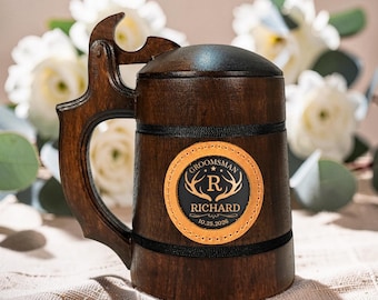Handmade Oak Beer Mug with Lid, Custom Name Engraving, Best Man & Groom Gift