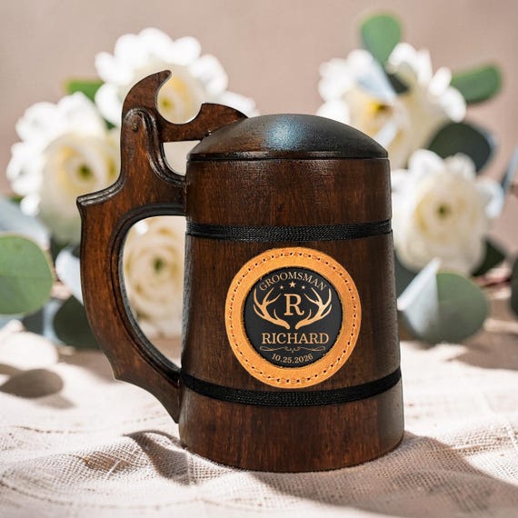 Handmade Oak Beer Mug with Lid, Custom Name Engraving, Best Man & Groom Gift