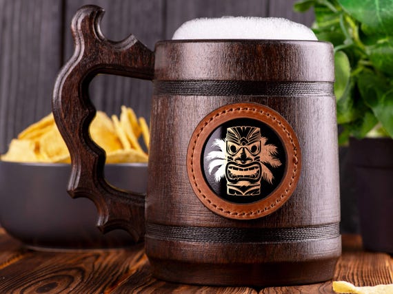 Hawaiian Tiki Mask Beer Mug, Gift From Daughter, Gift For Daddy, Personalized Beer Stein, Custom Beer Tankard