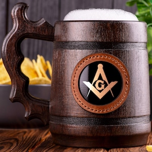 Jarra de cerveza masónica, masónica, jarra de madera personalizada