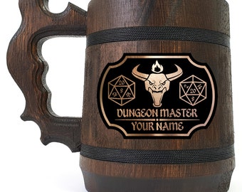 Dungeon Master Beer Mug, DM Beer Stein, Gift Ideas For Men, Dungeons and Dragons Tankard, Wooden Gift For Men, D&D / Gift For Gamer