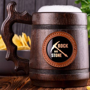 Rock and Stone Beer Mug, Deep Rock Galactic, Personalized Stein, Wooden Tankard