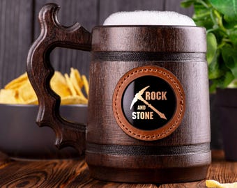 Rock and Stone Beer Mug, Deep Rock Galactic, Personalized Stein, Wooden Tankard