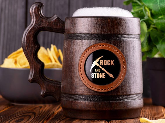 Rock and Stone Beer Mug, Deep Rock Galactic, Personalized Stein, Wooden Tankard