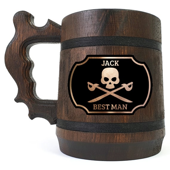 Pirate Skull with Swords Wedding Mug, Beer Stein, Gift Idea For Best Men, Personalized Tankard, Wooden Gift For Groomsman, Groom Beer Gift
