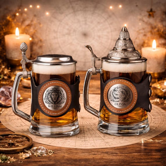 Personalized Zodiac Beer Stein with Metal Lid & Leather Strap, 500ml Gift for Him