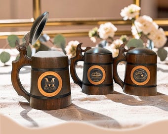 Rustic Oak Beer Mug with Lid, Personalized Engraving, Bachelor Party Gift for Him