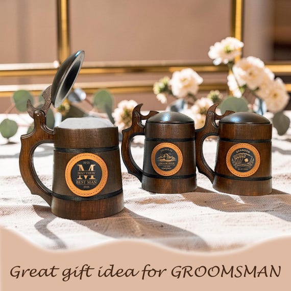 Rustic Oak Beer Mug with Lid, Personalized Engraving, Bachelor Party Gift for Him