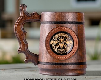 Personalized Dragon Celtic Wooden Beer Mug 22oz | Handmade Name Engraved Stein