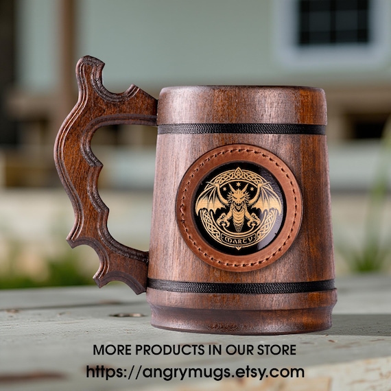 Personalized Dragon Celtic Wooden Beer Mug 22oz | Handmade Name Engraved Stein