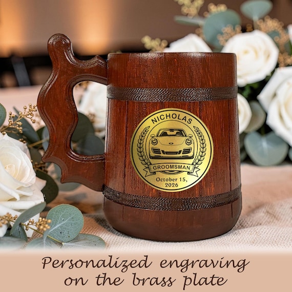 Red Oak Wooden Beer Mug, Custom Name Engraving, Groomsmen Gift