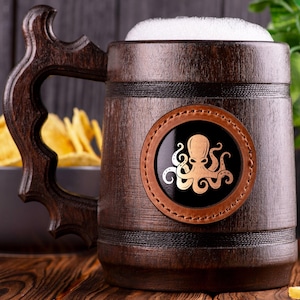 Octopus Wooden Beer Mug, Gift For Him, Personalized Beer Gift, Animals Beer Stein, Custom Beer Tankard