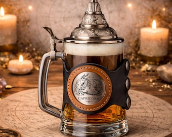 Personalized Astrology Beer Stein, Engraved Zodiac Sign, Metal Lid, Leather Holder