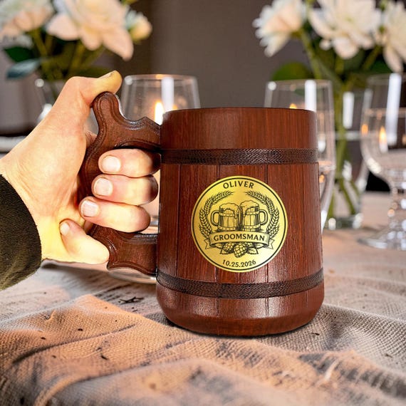 Personalized Red Oak Beer Mug, Groomsmen Gift, Best Man Wedding Stein