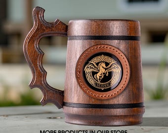 Personalized Celtic Pegasus Wooden Beer Mug 22oz | Handmade Name Engraved Viking Stein