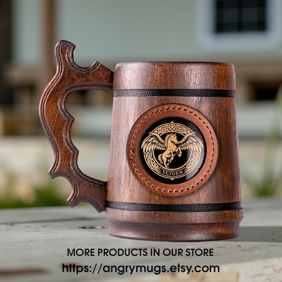 Personalized Celtic Pegasus Wooden Beer Mug 22oz | Handmade Name Engraved Viking Stein